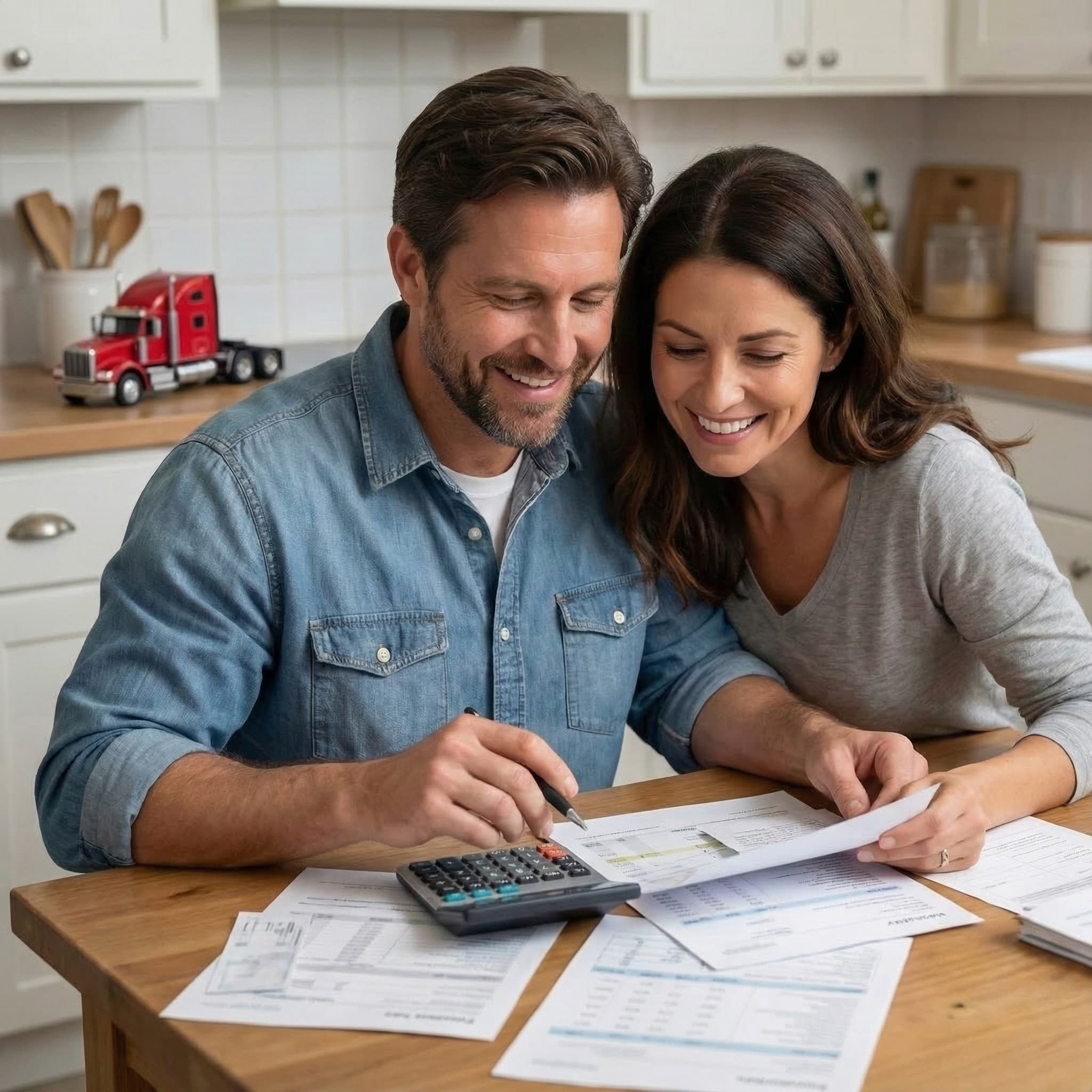 Trucker and spouse reviewing documents